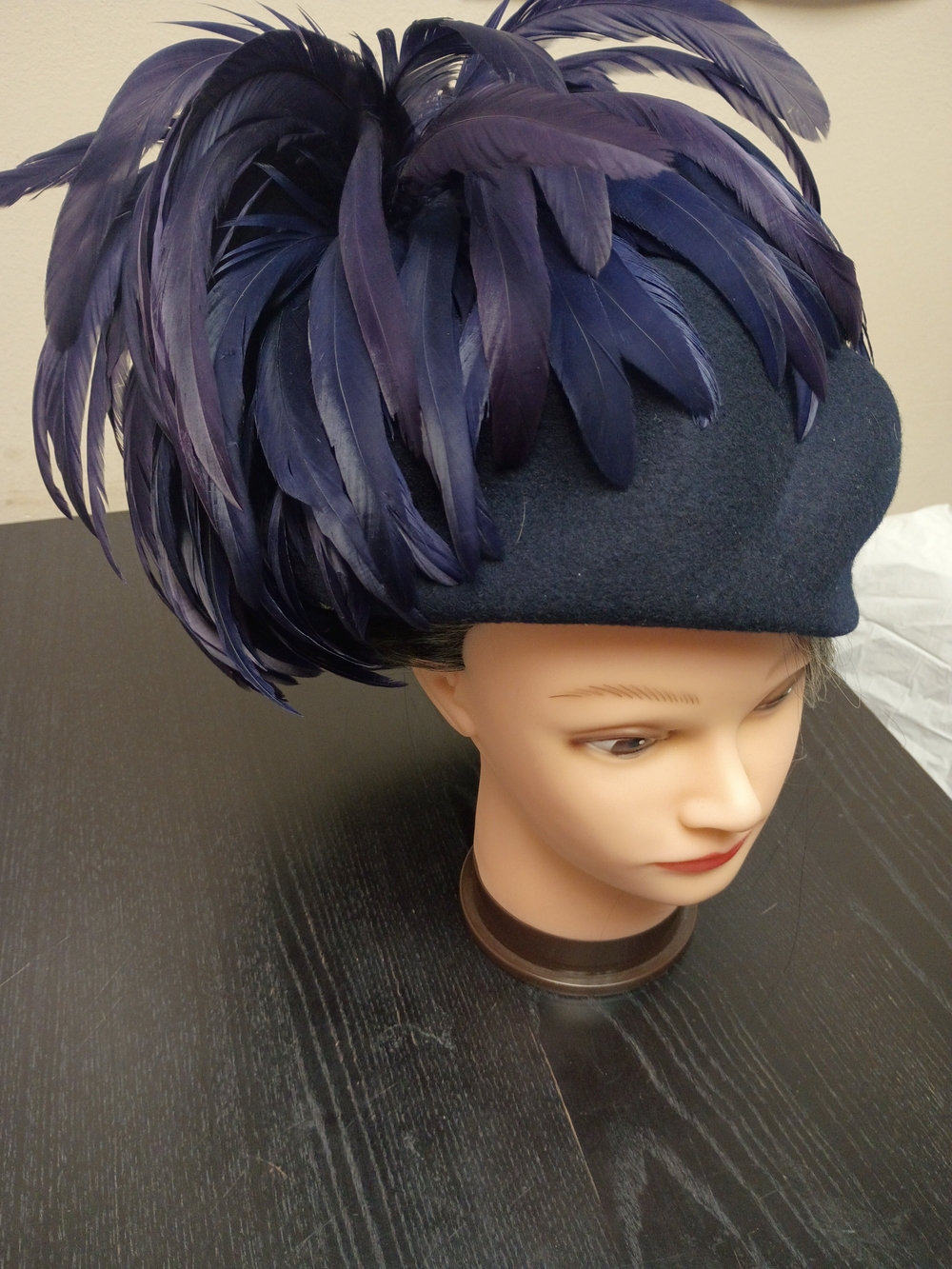 Navy Feather Accent Women's Felt Hat
